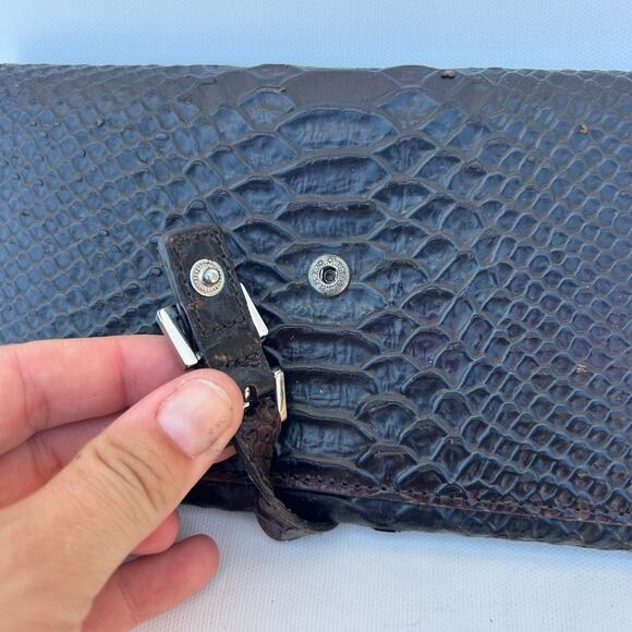 Hugo Boss Vintage Brown Croc-Embossed Tri-Fold Clutch Wallet Billfold Buckle - Picture 5 of 12